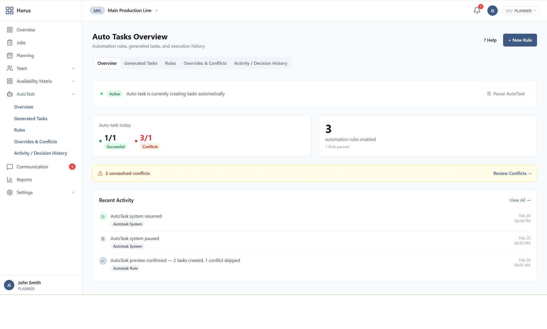 AutoTask overview screen showing system status, active rules, unresolved conflicts panel, and recent activity feed
